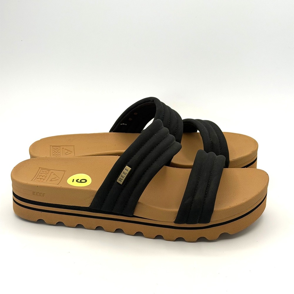 Reef Kaia 2 Bar Platform Sandals Womens 9 Tan Black Slide Comfort Travel Walking